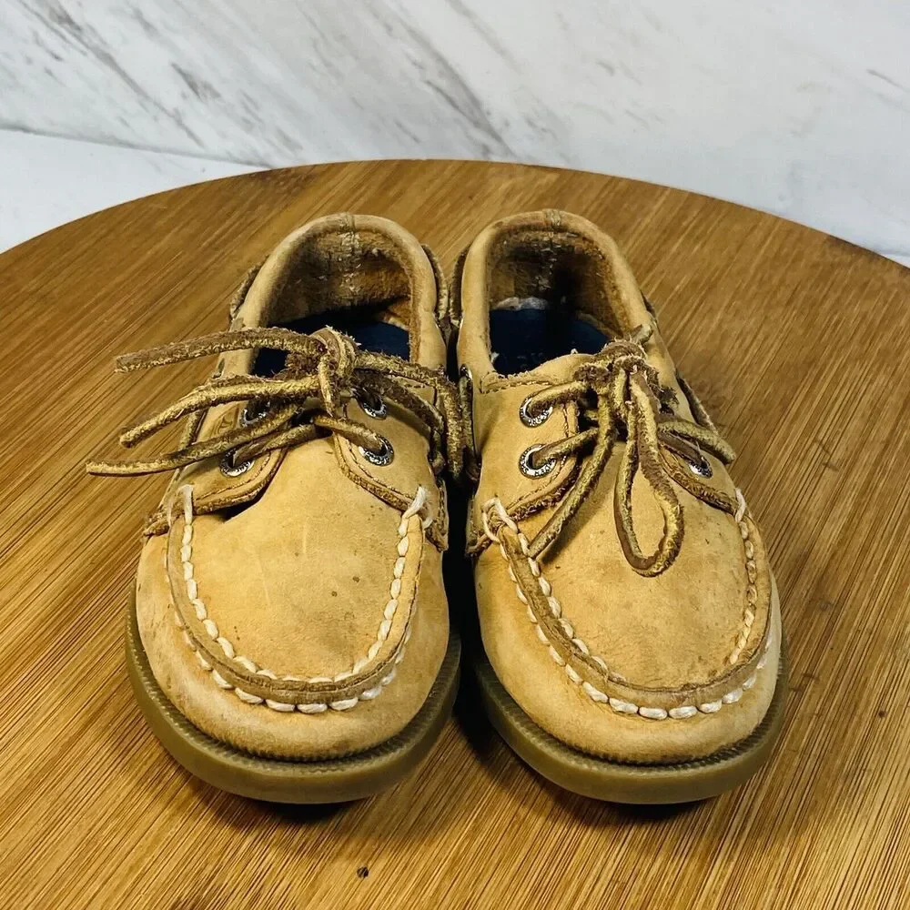 Sperry VTG Slip On Leather Boat Deck Shoes Tie Loafer Boys US 8.5M Brown Tan